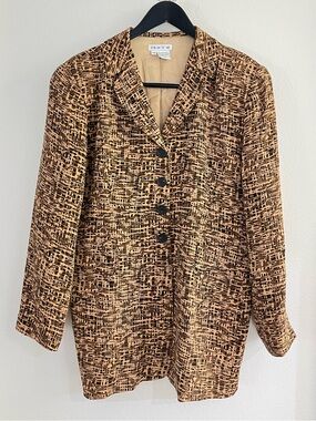 Tracy M Silk Blazer Jacket Women 14 Brown Abstract Print Lined Career Academia